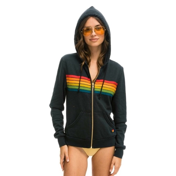 Aviator Nation 6 Stripe Zip Hoodie Charcoal Gray Rainbow Small Beachy Retro Rare - Picture 3 of 13